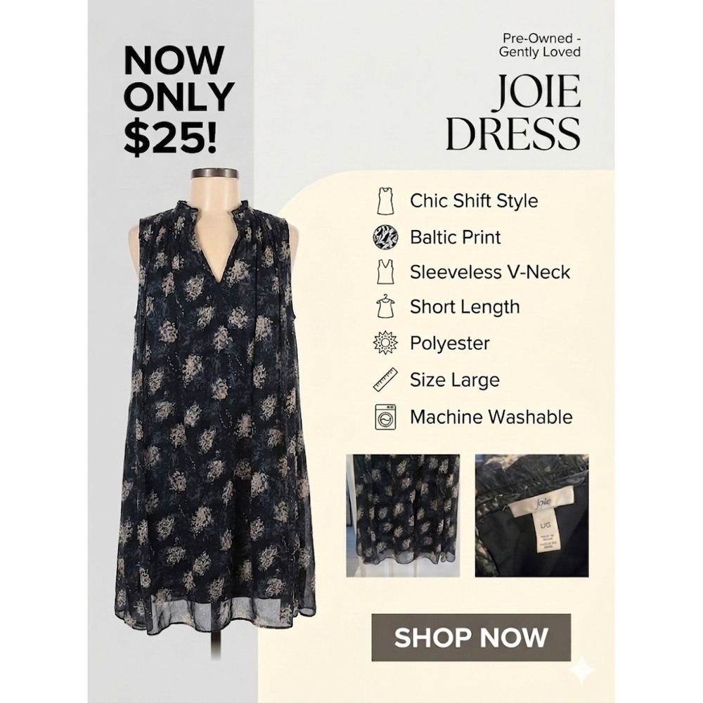 Joie Baltic Floral Print Sleeveless Shift Dress Navy Blue Large V-Neck Mini
